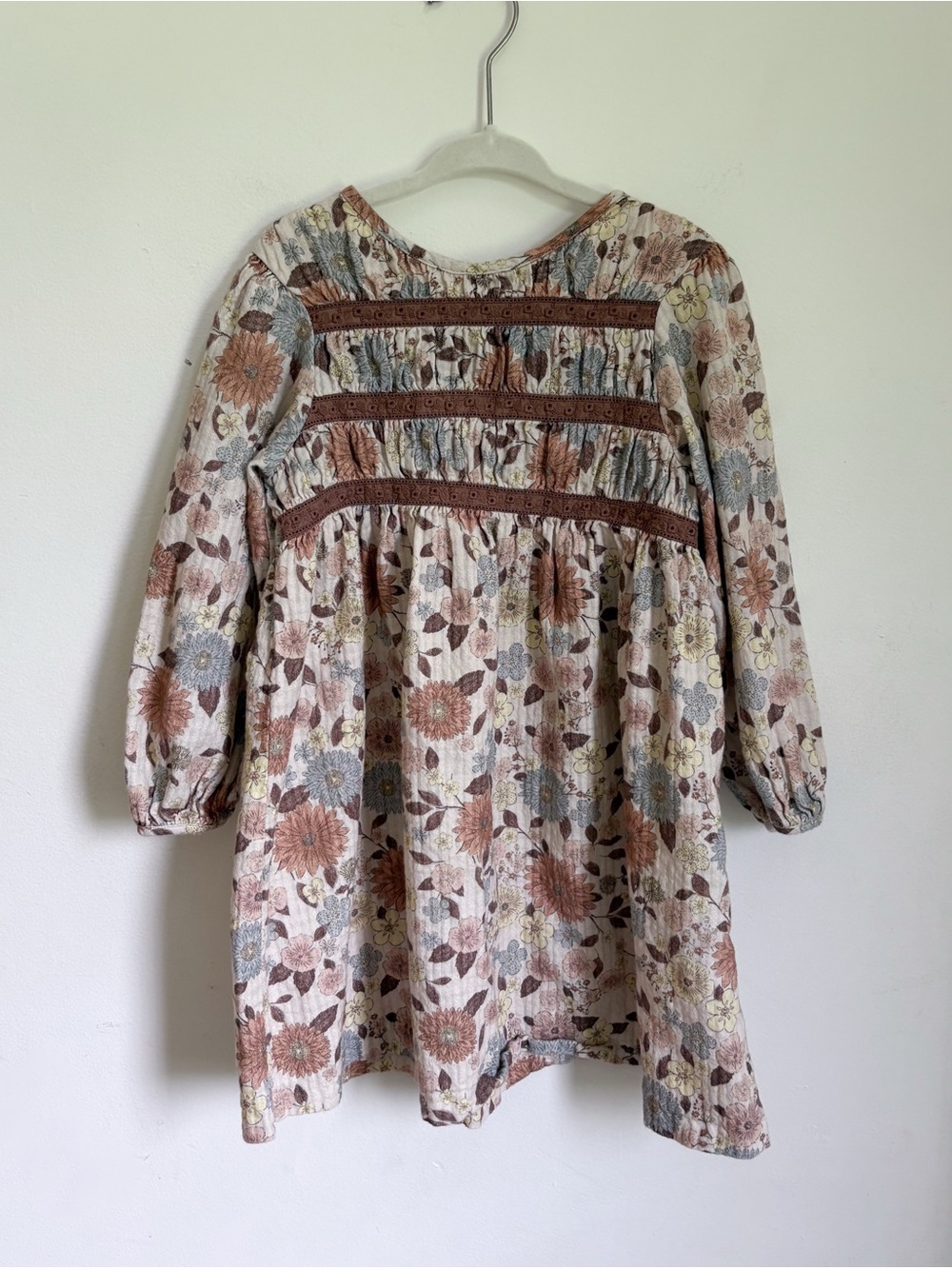 Zara Girls Floral Long-Sleeve Dress in Cream, Brown and Blue